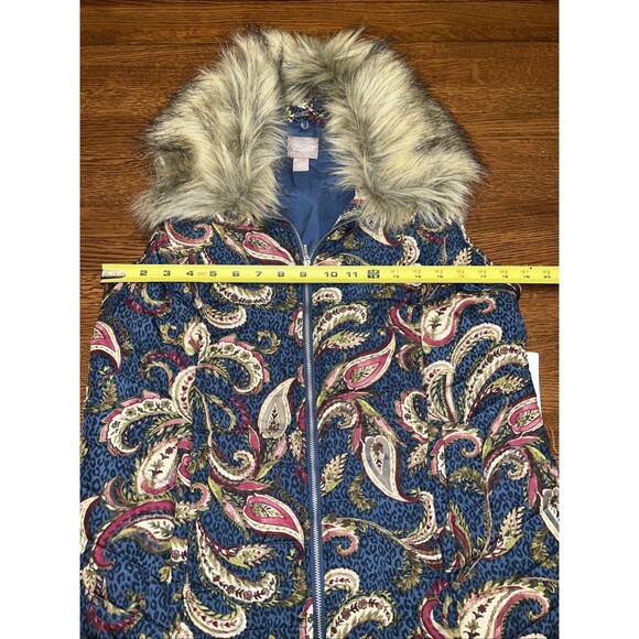 Chico's Zip Vest Size 1 M Puffer Vest Women’s Jacket Quilted Faux Fur Collar - Picture 7 of 8